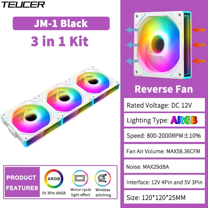 TEUCER JM-1 Fan Kit 3 in 1 ARGB Mirror Cycle Light Effect 4Pin PWM 800-2000RPM Water Cooling 360mm Wireless PC Cooler Fan