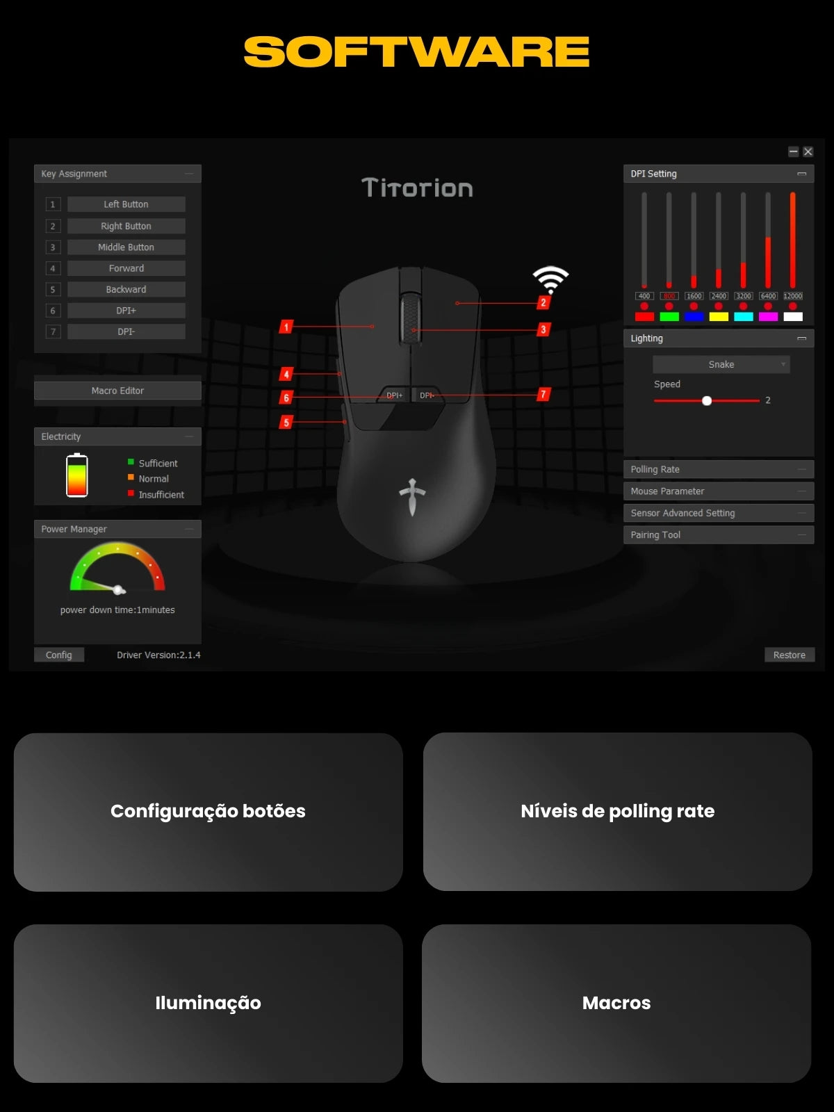 Gamer Wireless Mouse 12000DPI Sensor Pixart 3311 Polling Rate 2000Hz PC White Color Black-Titorion