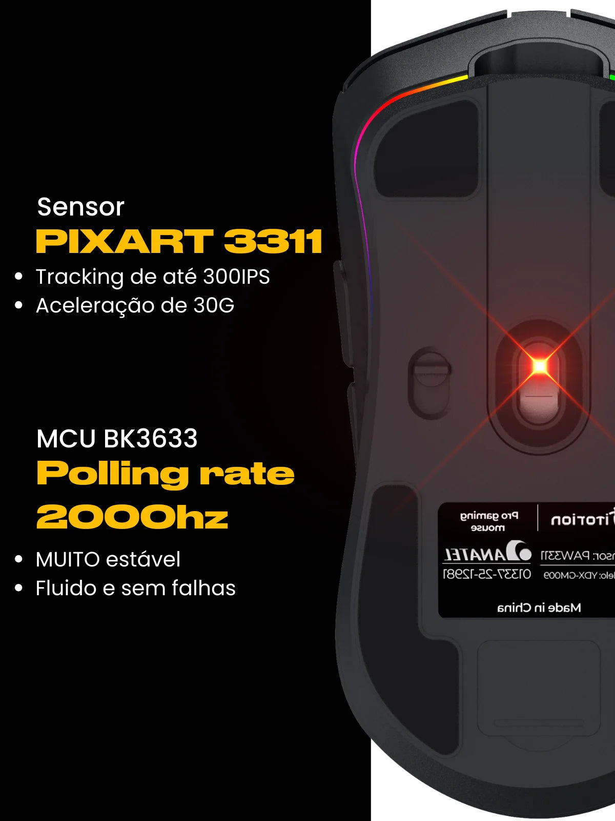 Gamer Wireless Mouse 12000DPI Sensor Pixart 3311 Polling Rate 2000Hz PC White Color Black-Titorion