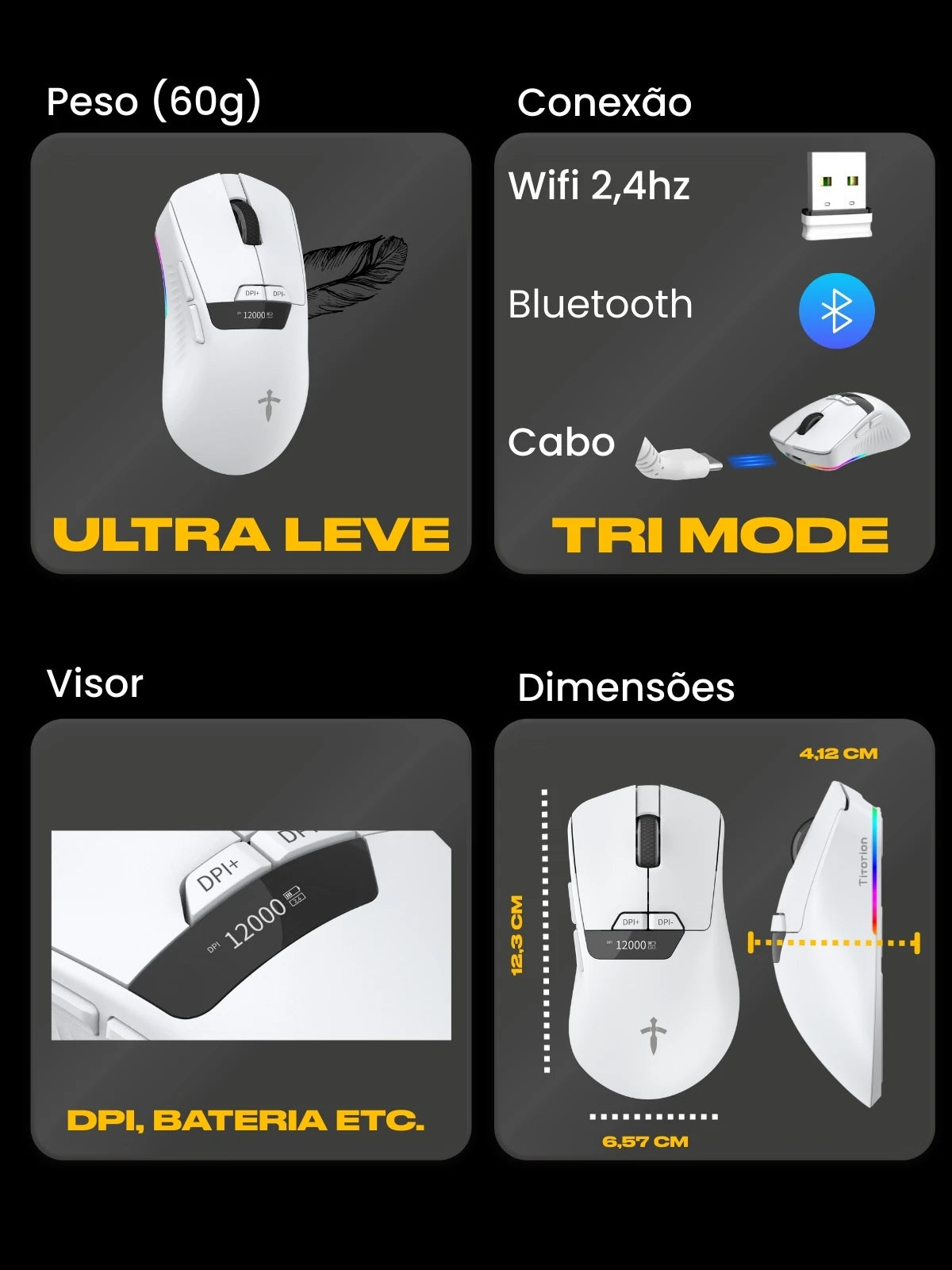 Gamer Wireless Mouse 12000DPI Sensor Pixart 3311 Polling Rate 2000Hz PC White Color Black-Titorion