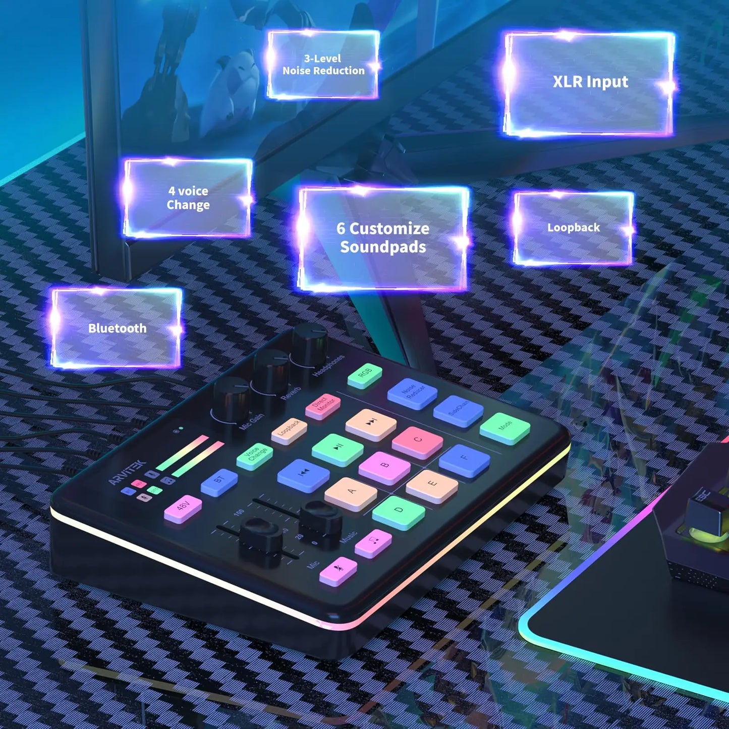 Gaming Audio Mixer for PC, Audio Interface Sound Board w/RGB Effect, Support Bluetooth, XLR/TRS Microphone, 48V Phantom Powe