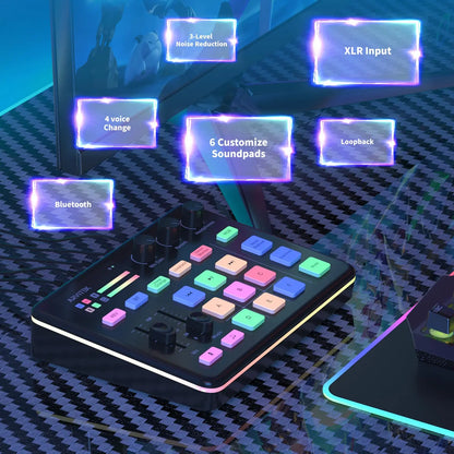 Gaming Audio Mixer for PC, Audio Interface Sound Board w/RGB Effect, Support Bluetooth, XLR/TRS Microphone, 48V Phantom Powe