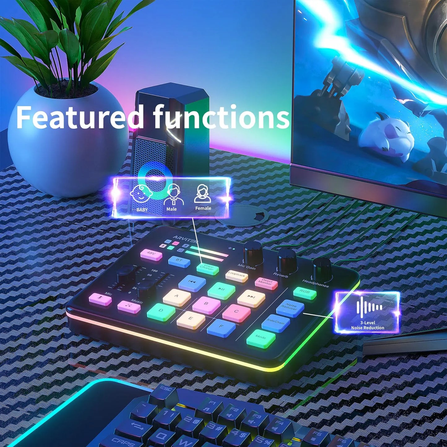 Gaming Audio Mixer for PC, Audio Interface Sound Board w/RGB Effect, Support Bluetooth, XLR/TRS Microphone, 48V Phantom Powe