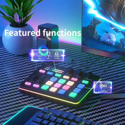 Gaming Audio Mixer for PC, Audio Interface Sound Board w/RGB Effect, Support Bluetooth, XLR/TRS Microphone, 48V Phantom Powe