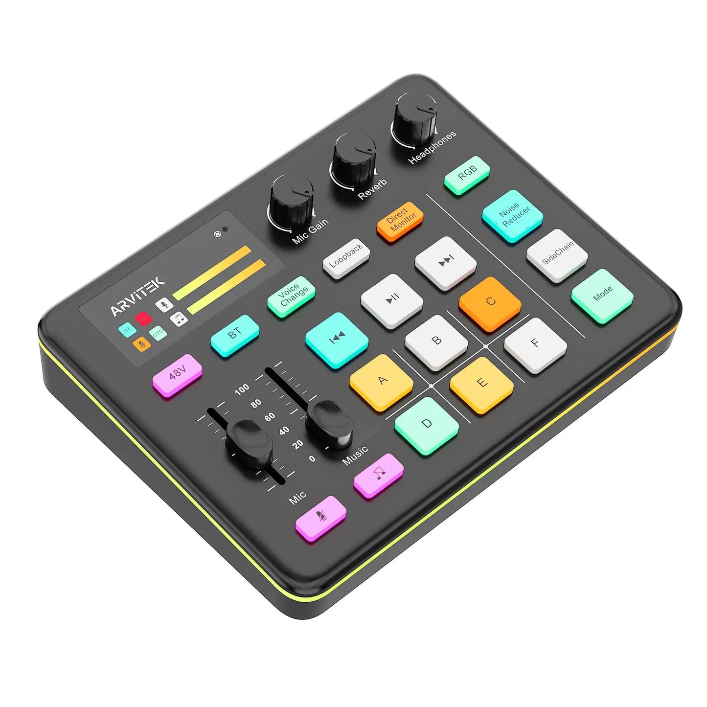 Gaming Audio Mixer for PC, Audio Interface Sound Board w/RGB Effect, Support Bluetooth, XLR/TRS Microphone, 48V Phantom Powe