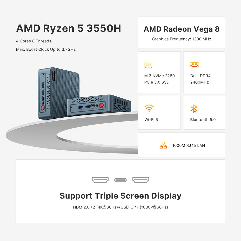 BOSGAME Ryzen 5 3550H Mini PC 11Pro 16GB DDR4 RAM 512GB PCIe SSD Vega 8 Graphics DDP to US