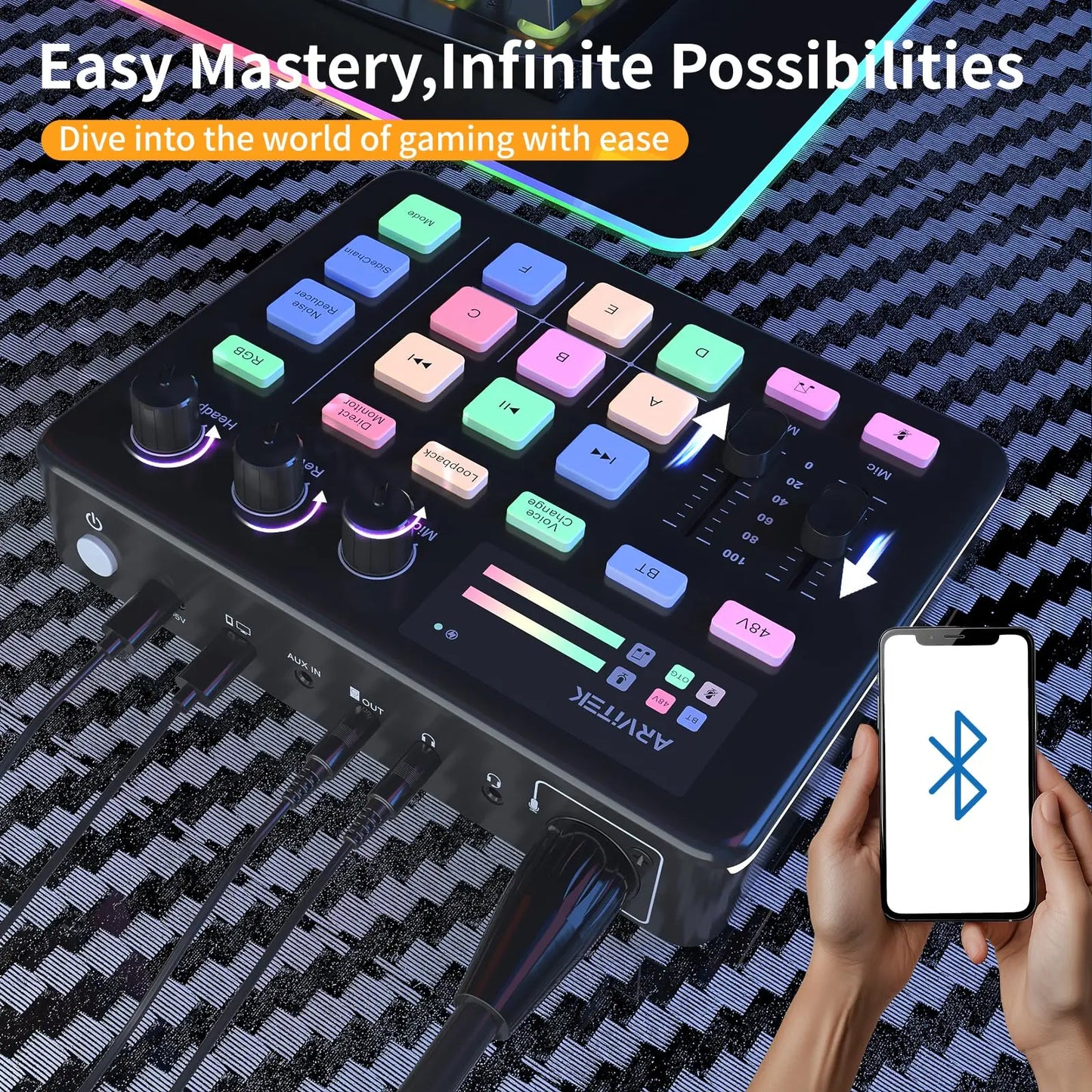 Gaming Audio Mixer for PC, Audio Interface Sound Board w/RGB Effect, Support Bluetooth, XLR/TRS Microphone, 48V Phantom Powe