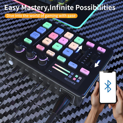 Gaming Audio Mixer for PC, Audio Interface Sound Board w/RGB Effect, Support Bluetooth, XLR/TRS Microphone, 48V Phantom Powe