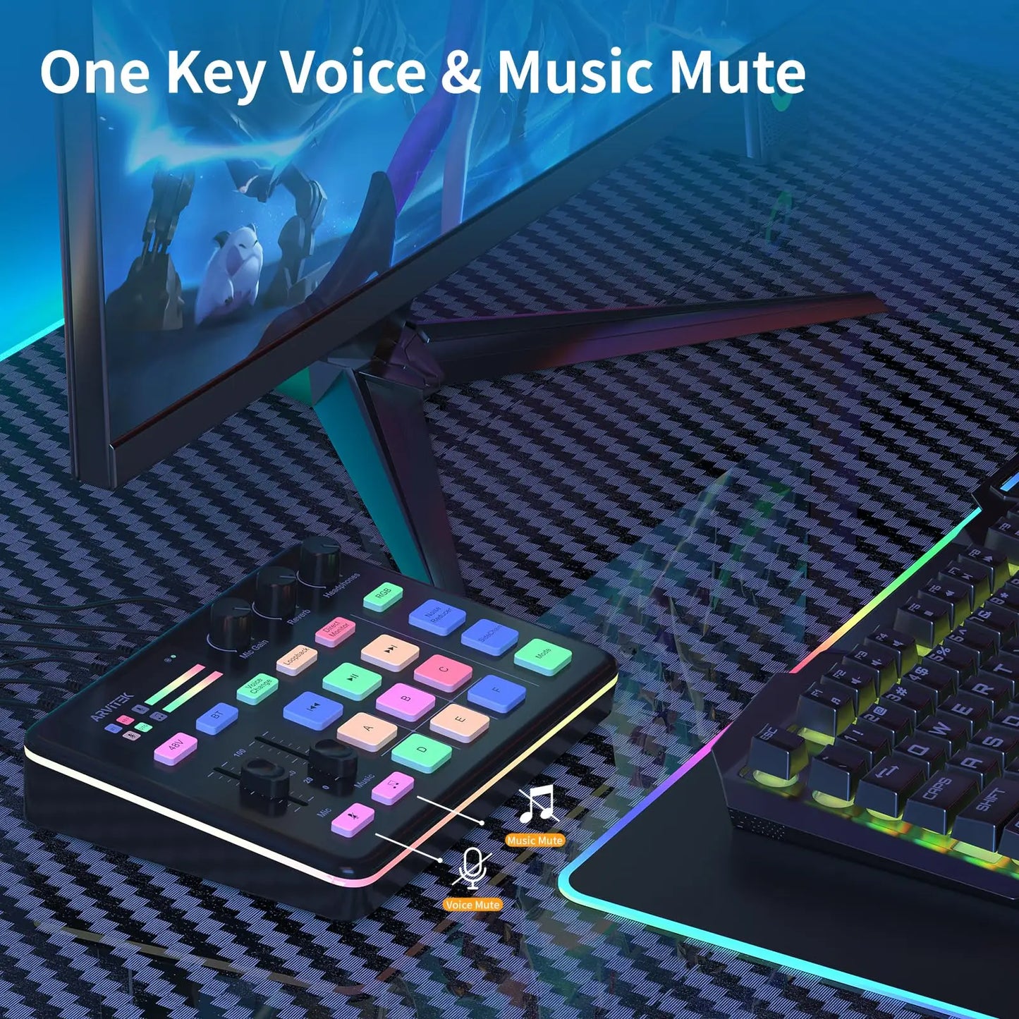 Gaming Audio Mixer for PC, Audio Interface Sound Board w/RGB Effect, Support Bluetooth, XLR/TRS Microphone, 48V Phantom Powe