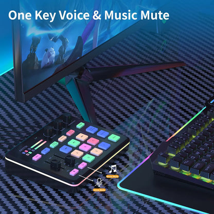 Gaming Audio Mixer for PC, Audio Interface Sound Board w/RGB Effect, Support Bluetooth, XLR/TRS Microphone, 48V Phantom Powe
