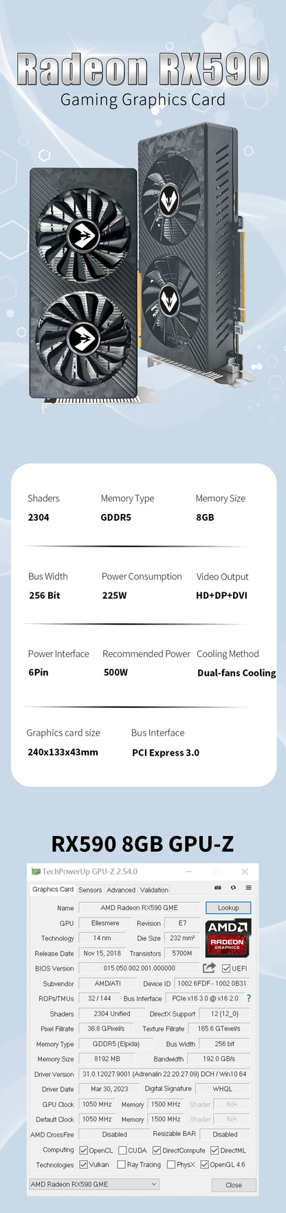 MOUGOL AMD Radeon RX590 8G Graphics Card GDDR5 Video Memory 256Bit Gaming Card DVI+DP Interface DirectX12 for Desktop Computers