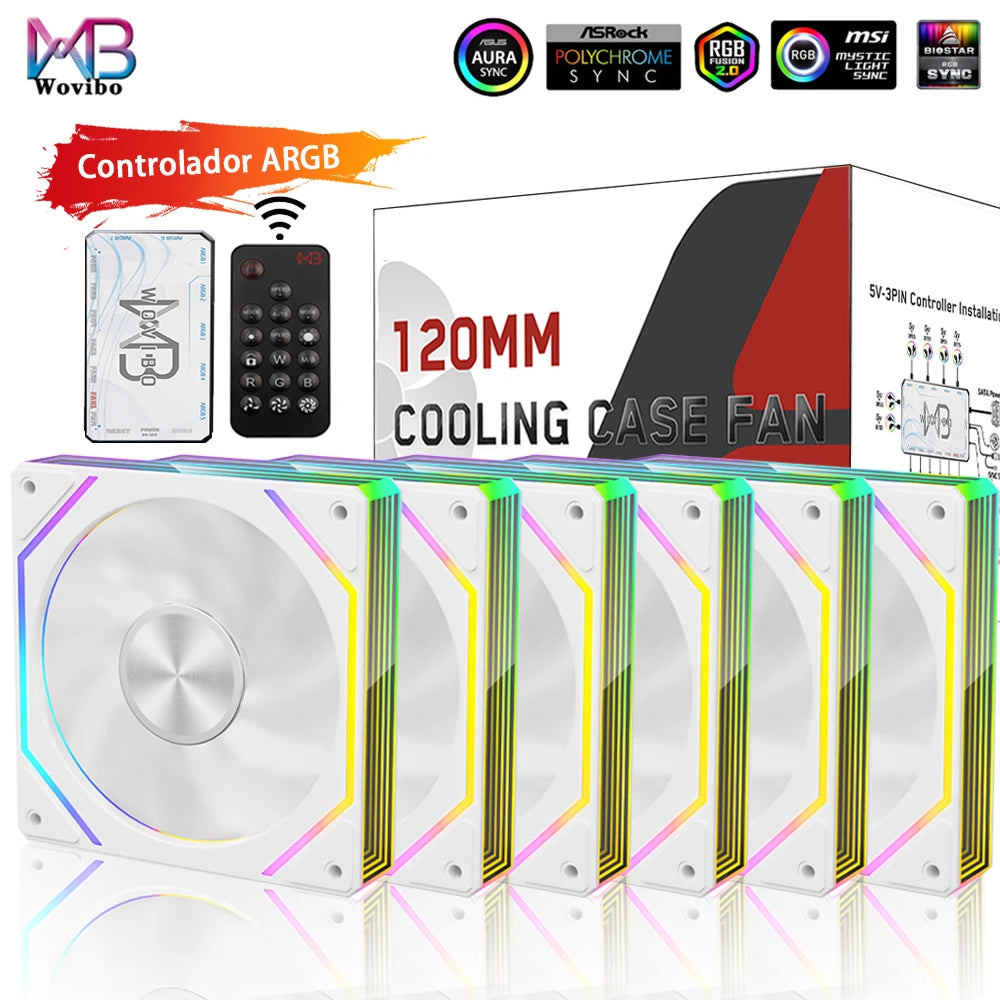 Wovibo PC Computer Cooling Fan 120mm ARGB Infinity Mirror PWM 4Pin 5V 3Pin RGB Branco Preto 12cm Fans Sync