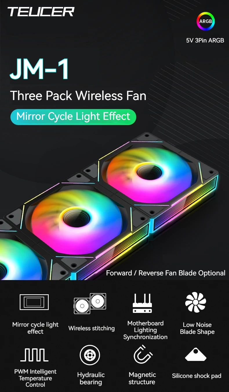 TEUCER JM-1 Fan Kit 3 in 1 ARGB Mirror Cycle Light Effect 4Pin PWM 800-2000RPM Water Cooling 360mm Wireless PC Cooler Fan