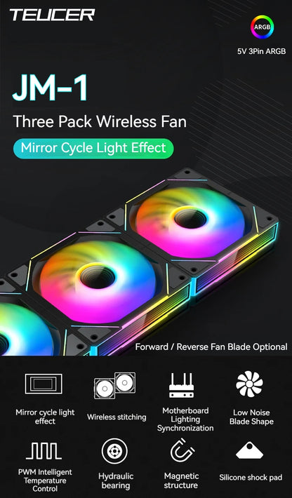 TEUCER JM-1 Fan Kit 3 in 1 ARGB Mirror Cycle Light Effect 4Pin PWM 800-2000RPM Water Cooling 360mm Wireless PC Cooler Fan