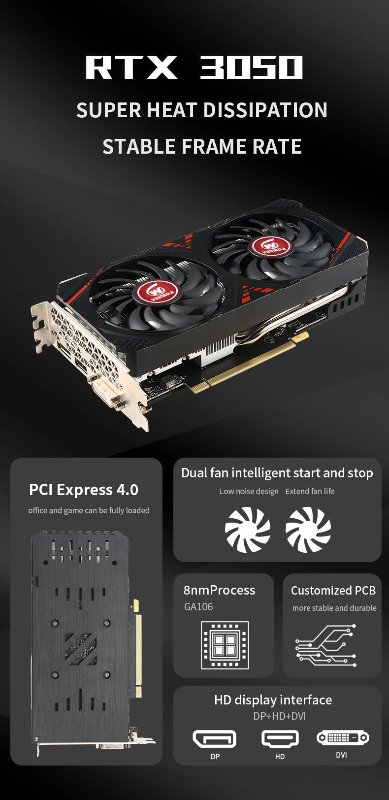 VEINEDA RTX3050 8GB GDDR6 128bit Computer Graphics Card  RTX 3050 8GB Gaming PC rtx 3070 DP*HDMI -compatible placa de video