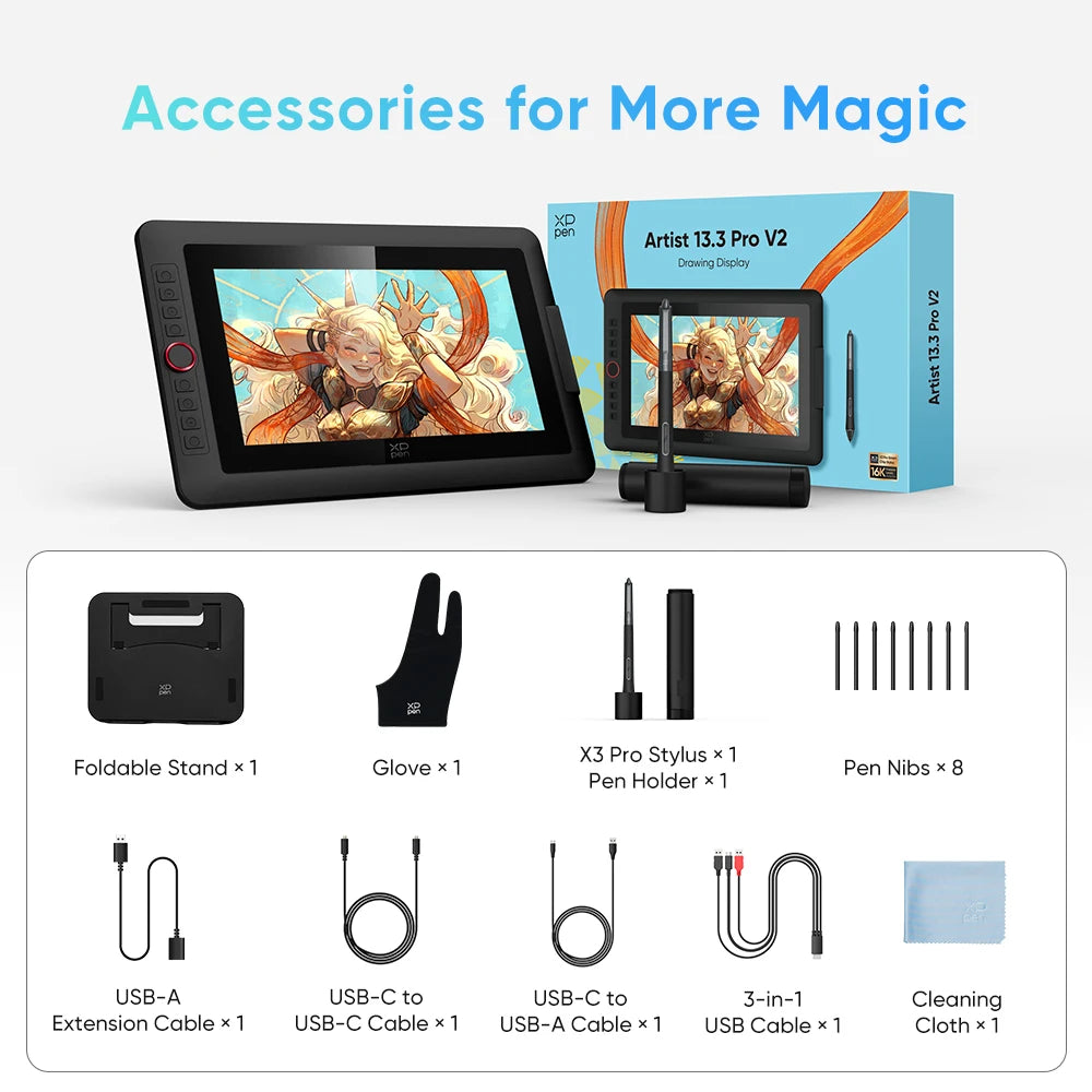 XPPen Artist 13.3 Pro V2 Graphics Tablet Drawing Monitor 13.3" Pen Display Animation Art Design Battery-free Stylus 16K Levels