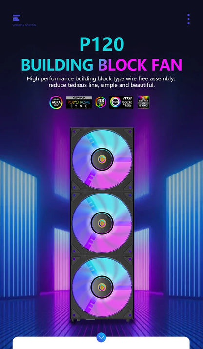Wovibo Wireless Splicing 120mm Uni Fan Cabless Cooling Fans Cooler PWM 4PIN 5V ARGB RGB PC Computer Case Fans 12cm