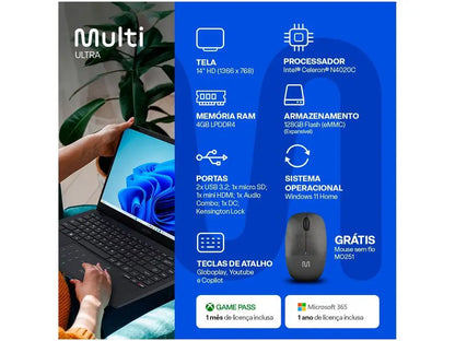 Multi Ultra UB251 Notebook 4GB RAM 128GB eMMC 14" HD Windows 11 UB251 + Wireless Mouse