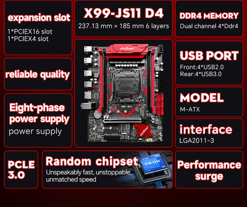 JIESHUO X99-JS11 Motherboard Set with Intel Xeon E5 2682 V4 CPU & Four-channel DDR4 16G  2133MHz RAM for Gaming Computer