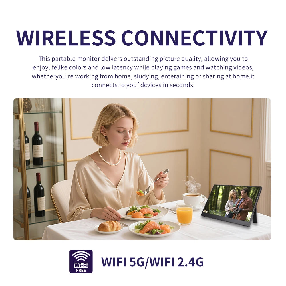 Wireless Portable Monitor 15.6 Inch 1080P FHD Ultra Slim Display WiFi