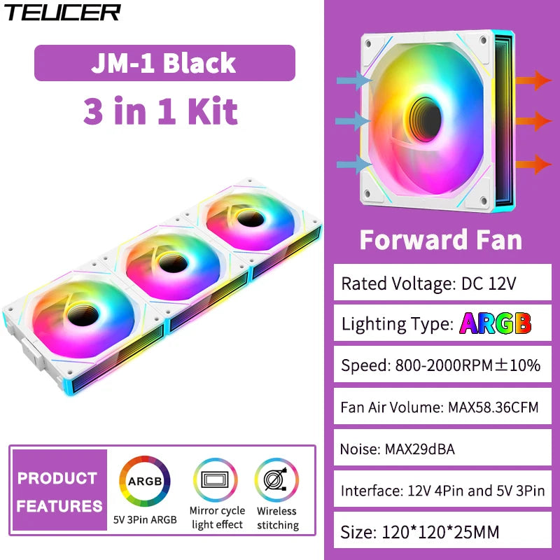 TEUCER JM-1 Fan Kit 3 in 1 ARGB Mirror Cycle Light Effect 4Pin PWM 800-2000RPM Water Cooling 360mm Wireless PC Cooler Fan