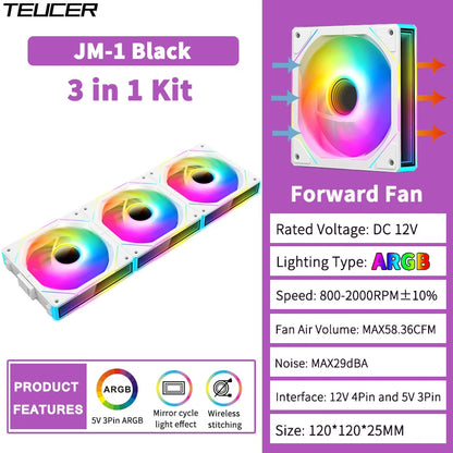 TEUCER JM-1 Fan Kit 3 in 1 ARGB Mirror Cycle Light Effect 4Pin PWM 800-2000RPM Water Cooling 360mm Wireless PC Cooler Fan