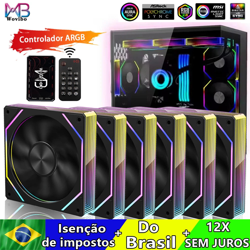 Wovibo PC Computer Cooling Fan 120mm ARGB Infinity Mirror PWM 4Pin 5V 3Pin RGB Branco Preto 12cm Fans Sync