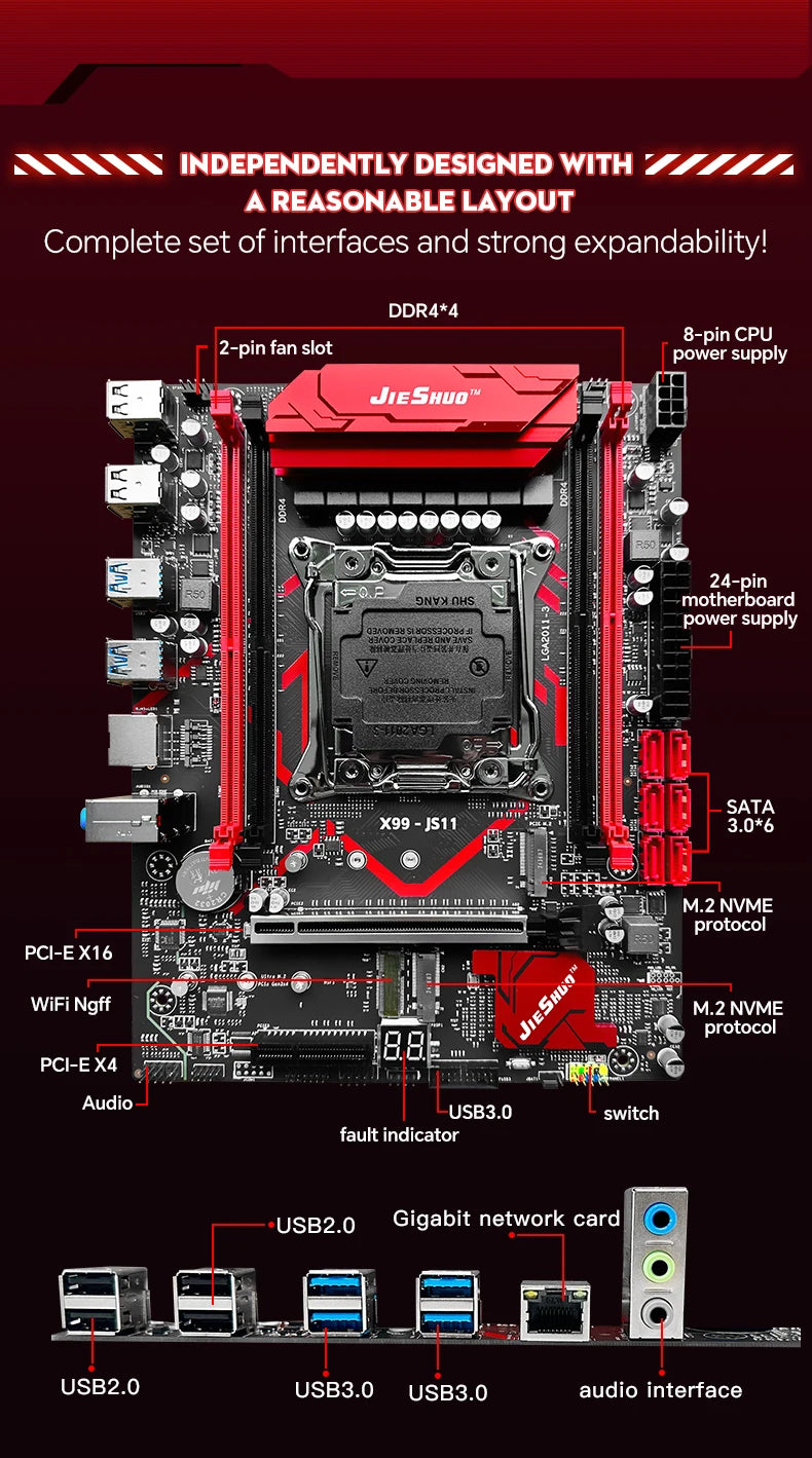 JIESHUO X99-JS11 Motherboard Set with Intel Xeon E5 2682 V4 CPU & Four-channel DDR4 16G  2133MHz RAM for Gaming Computer