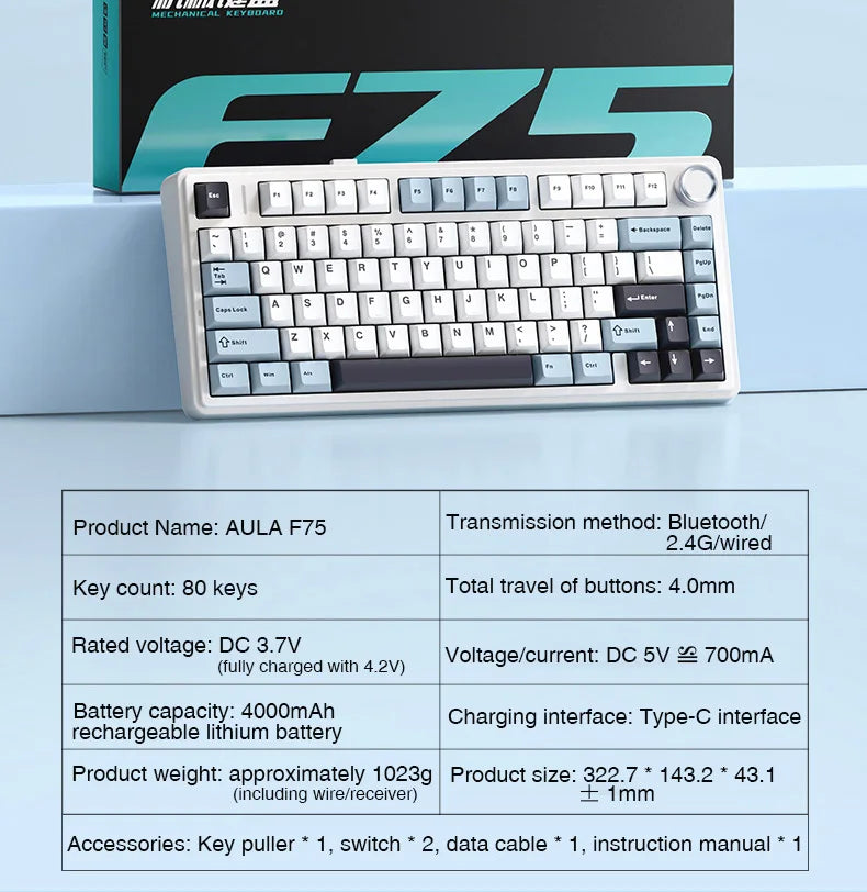 AULA F75 Wireless Mechanical Keyboard Hotswap Gasket Gaming Keyboard 75% Layout for PC for Laptop