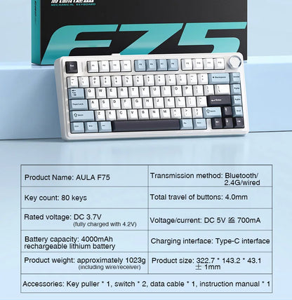 AULA F75 Wireless Mechanical Keyboard Hotswap Gasket Gaming Keyboard 75% Layout for PC for Laptop