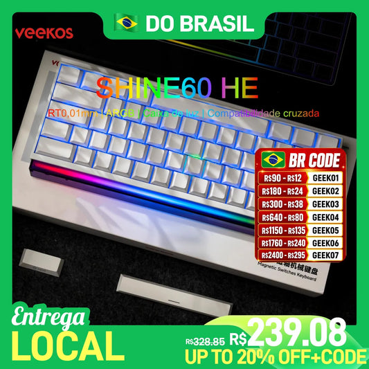 Veekos Shine60 HE Keyboard 60% AGRB with Lightbox RT0.01mm Magnetic Switch 8K Type-C Wired E-Sports Gaming Keyboard Do Brasil