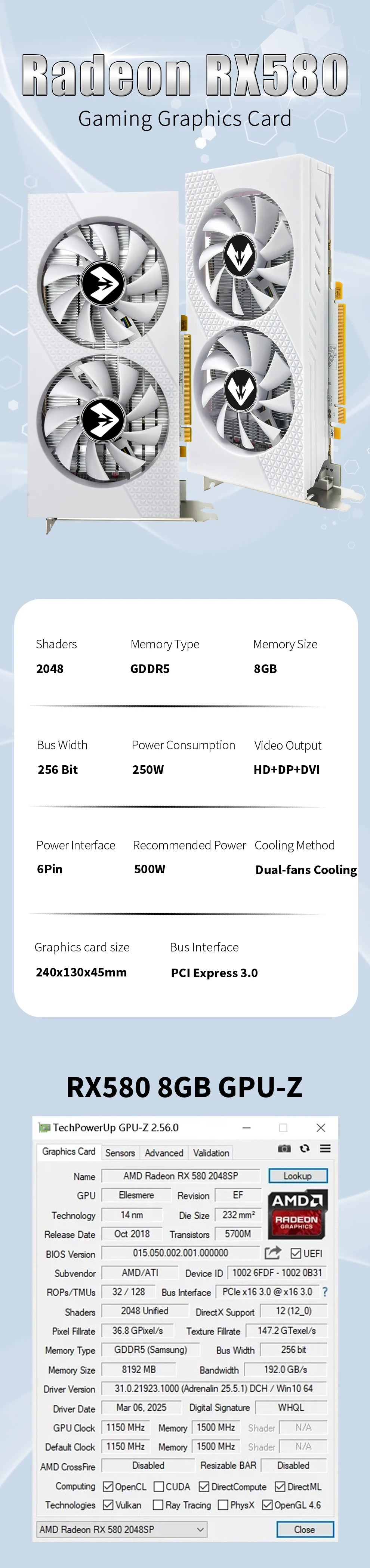 SOYO Radeon RX580 2048SP 8G Graphics Card GDDR5 Memory 256Bit AMD Gaming Video Card DP DVI Interface for Desktop Computers