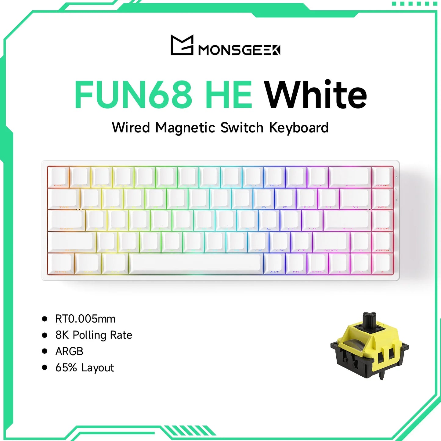 Akko MonsGeek FUN68 HE Magnetic Switch Keyboard 65% Rapid Trigger 0.005mm 8K ARGB Wired Esports Gaming Keyboard for Gamer