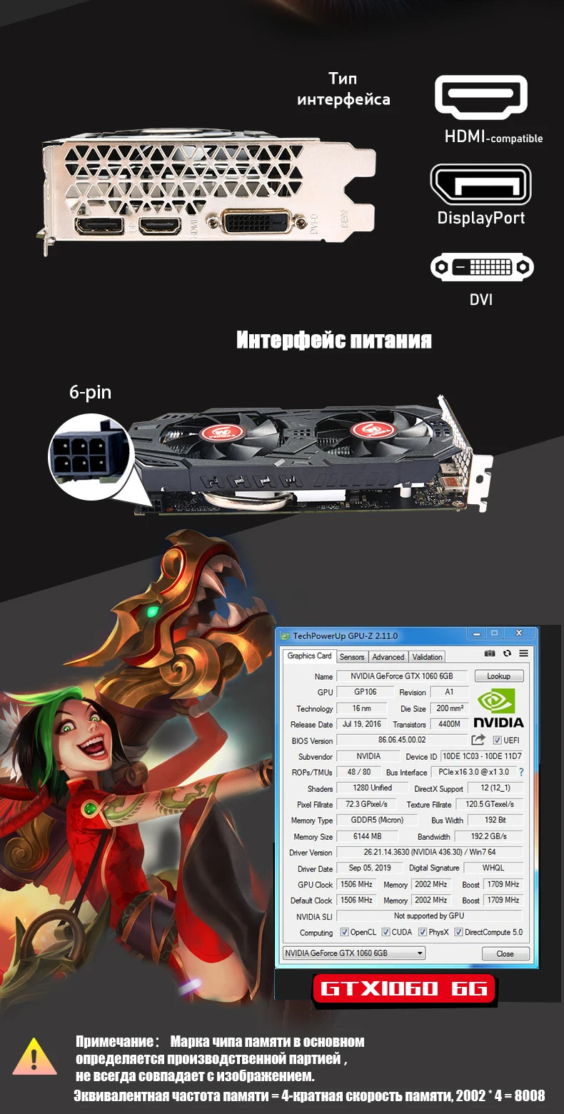VEINEDA  gtx 1060 6g  Graphics Cards 1506MHz 192Bit GDDR5 GTX1060  Video Card  Refurbished Cards 1050ti gtx960 4gb