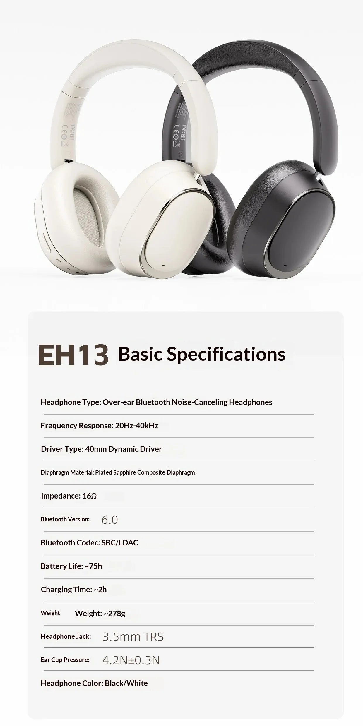 Fiio Eh13 Headphones Over Ear Gaming Bluetooth Dynamic Anc Noise Reduction Ldac Hifi Audio Long Battery Life Wireless Headset