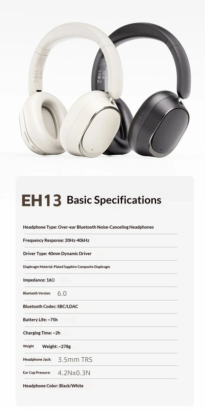 Fiio Eh13 Headphones Over Ear Gaming Bluetooth Dynamic Anc Noise Reduction Ldac Hifi Audio Long Battery Life Wireless Headset