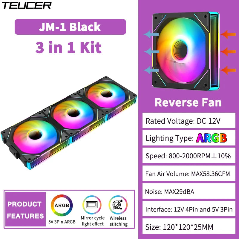 TEUCER JM-1 Fan Kit 3 in 1 ARGB Mirror Cycle Light Effect 4Pin PWM 800-2000RPM Water Cooling 360mm Wireless PC Cooler Fan