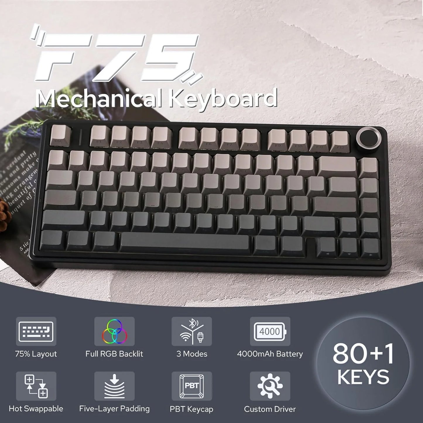AULA F75 Wireless Mechanical Keyboard Hotswap Gasket Gaming Keyboard 75% Layout for PC for Laptop