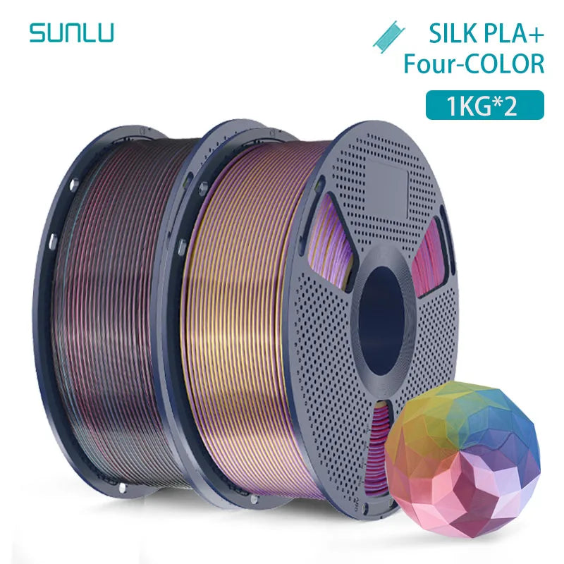 SUNLU 2KG Silk PLA Plus Four Colors Filament 1KG 1.75mm Pla+ Rabinbow Four Colors Neatly Wound 3D Filament for 3D Printer
