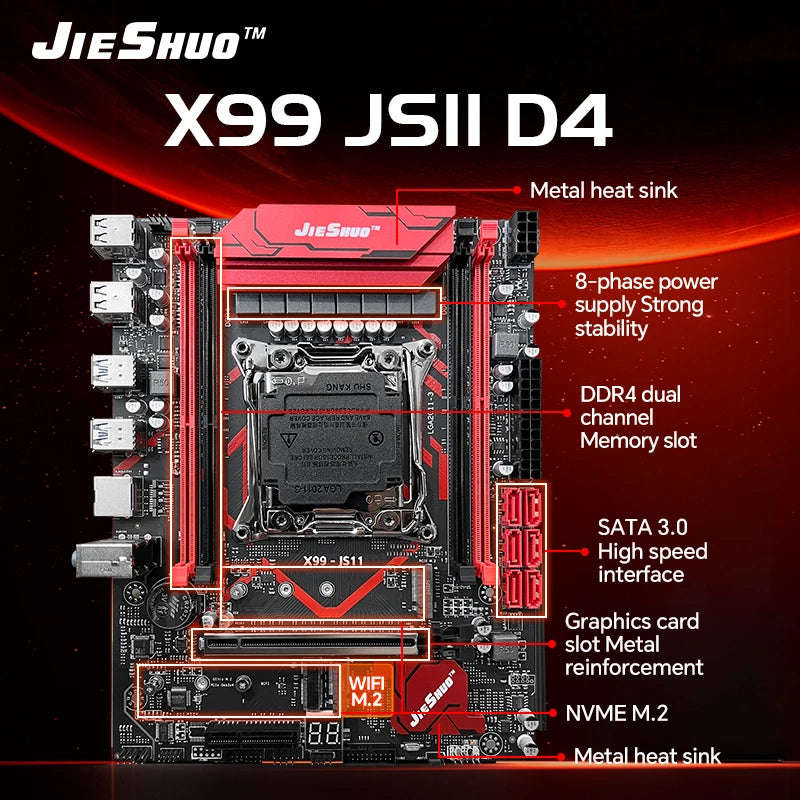 JIESHUO X99-JS11 Motherboard Set with Intel Xeon E5 2682 V4 CPU & Four-channel DDR4 16G  2133MHz RAM for Gaming Computer
