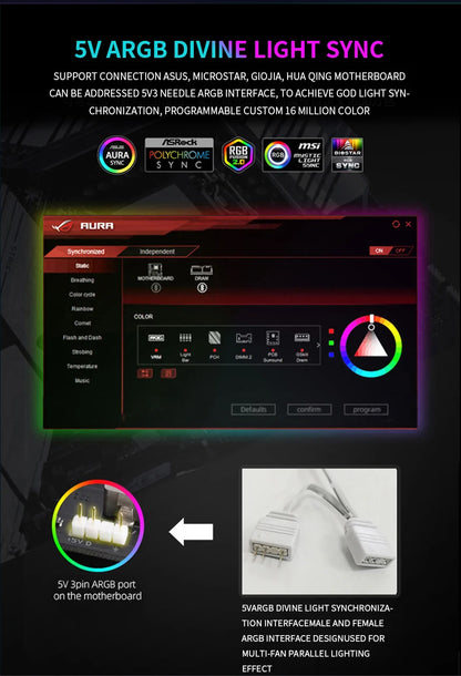 Wovibo Wireless Splicing 120mm Uni Fan Cabless Cooling Fans Cooler PWM 4PIN 5V ARGB RGB PC Computer Case Fans 12cm