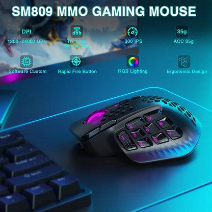 SOLAKAKA SM809 Pro Wireless MMO Gaming Mouse 16 Buttons 24000 DPI Wireles Mouse Ergonomic PAW3311 Sensor