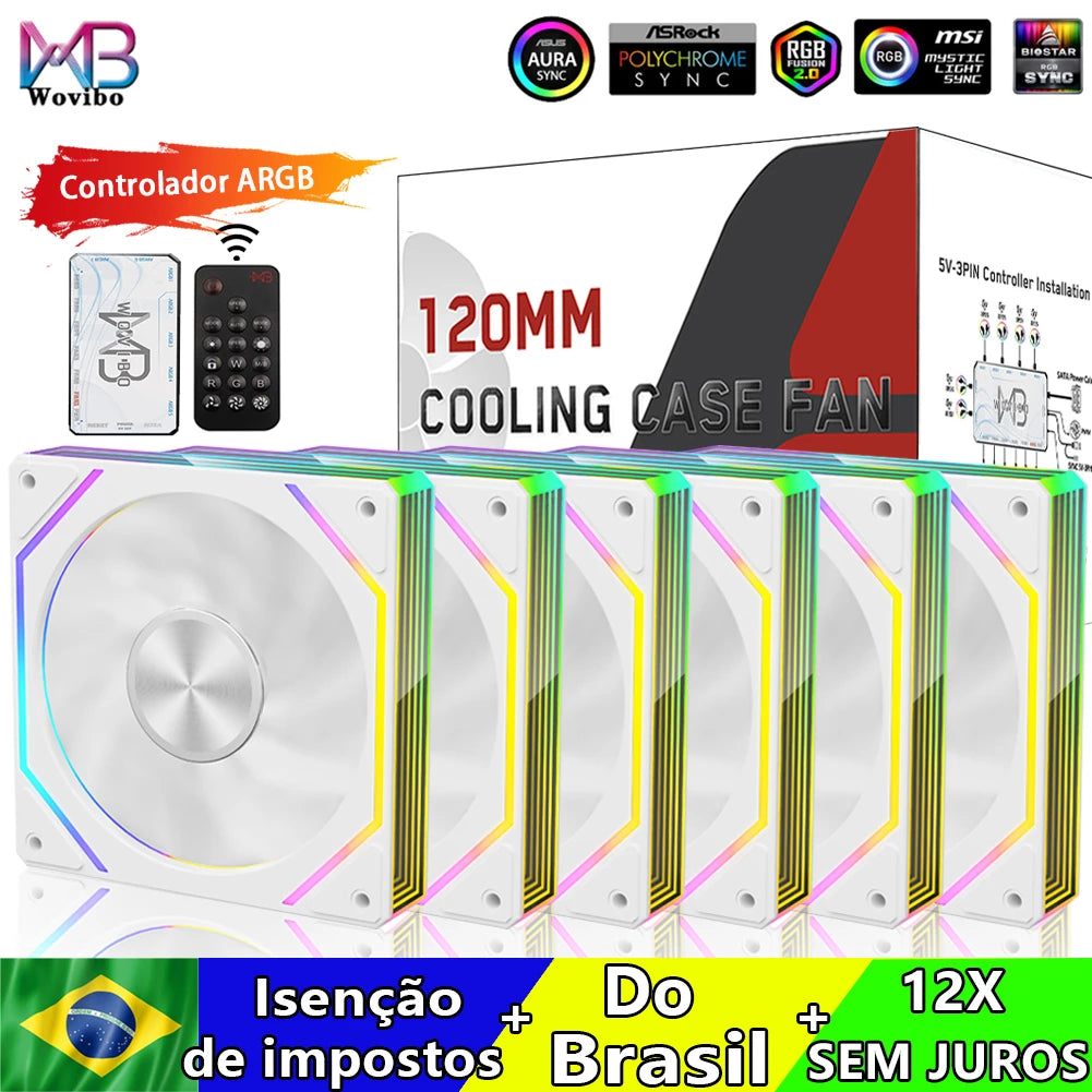 Wovibo PC Ventilador de Refrigeração para Computador 120mm ARGB Infinity Mirror PWM 4Pin 5V 3Pin Branco Preto 12cm Ventiladores