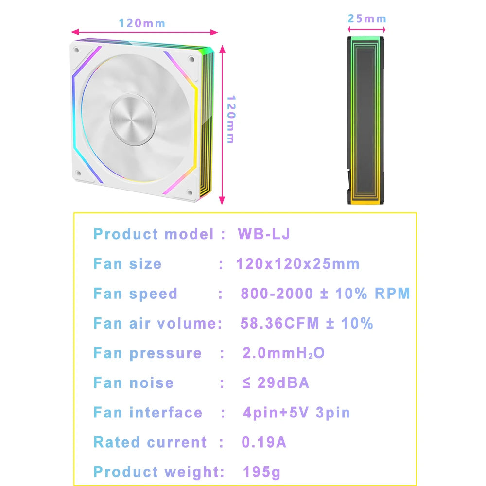 Wovibo PC Computer Cooling Fan 120mm ARGB Infinity Mirror PWM 4Pin 5V 3Pin RGB Branco Preto 12cm Fans Sync