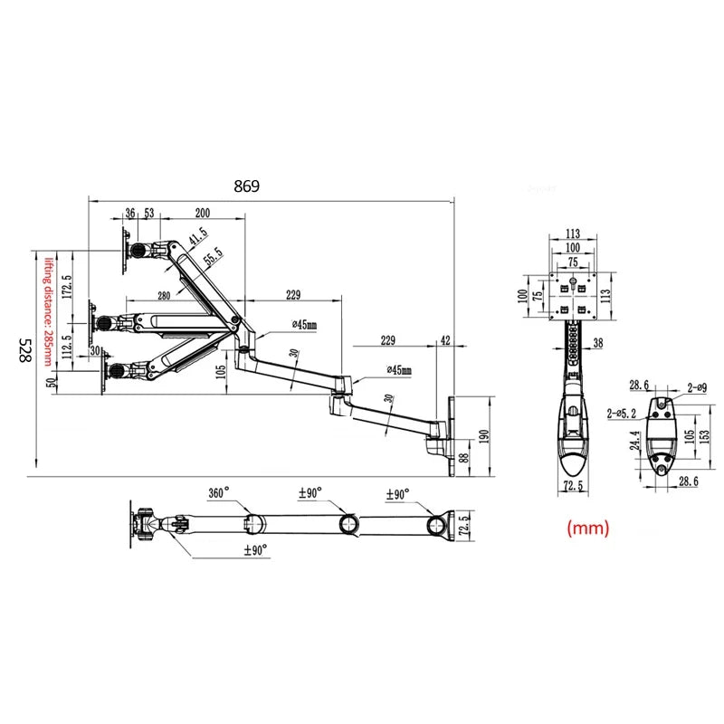 V63W / XSJ8013W Wall Mount Aluminum Ultra Long Mechanical Spring Arm Monitor Support Full Motion Monitor Holder Mount Bracket