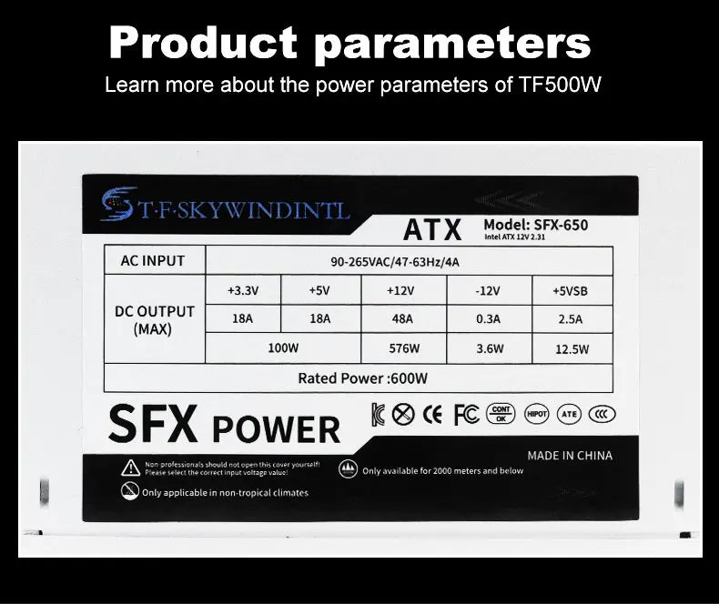 T.F.SKYWINDINTL 600W Mini ITX Solution/Micro ATX/SFX 600W Power Supply Full voltage 94V-264V SFX-T500 power Conversion rate 85%