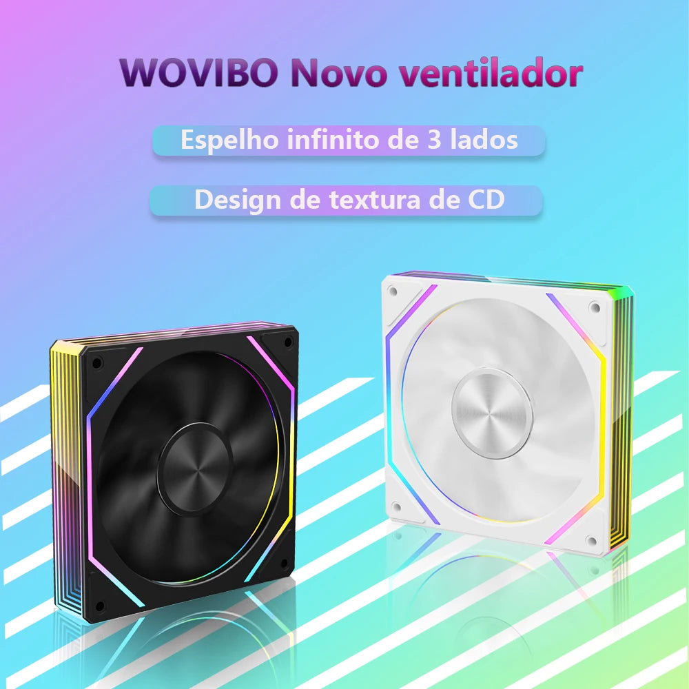 Wovibo PC Computer Cooling Fan 120mm ARGB Infinity Mirror PWM 4Pin 5V 3Pin RGB Branco Preto 12cm Fans Sync