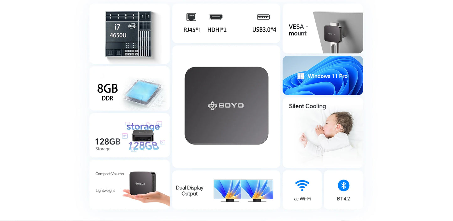 SOYO Mini PC Y5AIR Intel i5 4250U & Y5PLUS i7 4600U CPU 8G RAM 128G ROM VGA USB3.0 M.2 Win11Pro Desktop Computer WiFi BT4.2