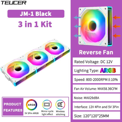 TEUCER JM-1 Fan Kit 3 in 1 ARGB Mirror Cycle Light Effect 4Pin PWM 800-2000RPM Water Cooling 360mm Wireless PC Cooler Fan