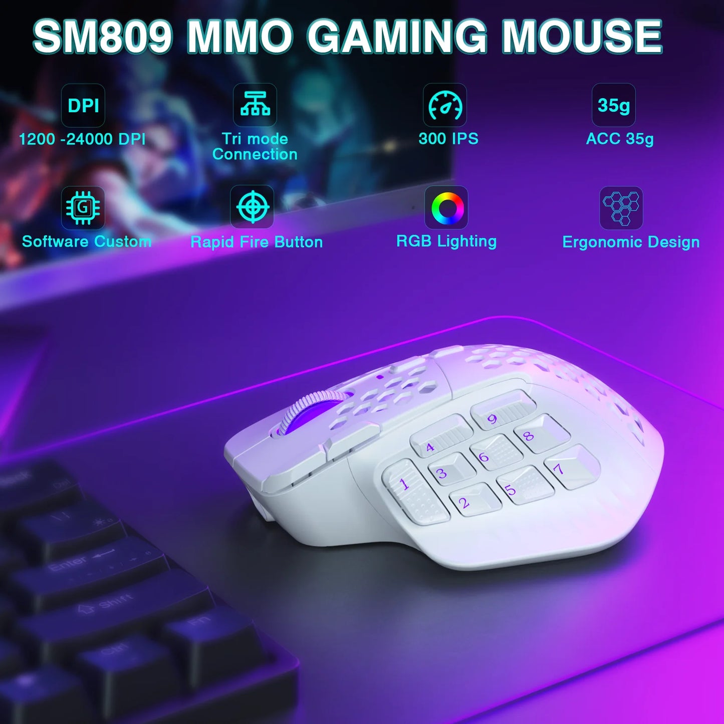 SOLAKAKA SM809 Pro Wireless MMO Gaming Mouse 16 Buttons 24000 DPI Wireles Mouse Ergonomic PAW3311 Sensor